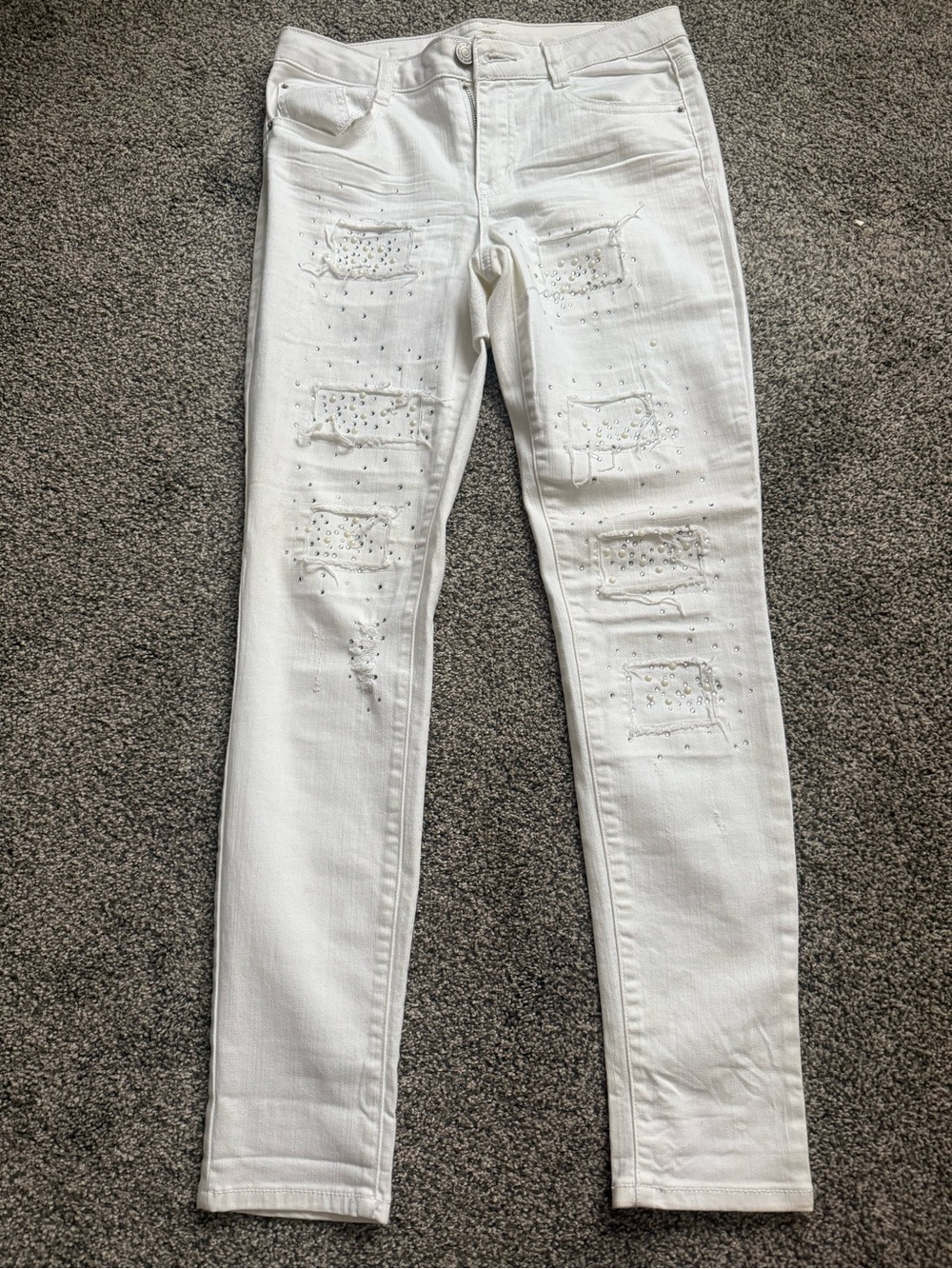 White Distressed Skinny Jeans with Stud Detail - Women
